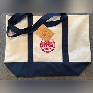 Trader Joe's Canvas Tote Large Navy Blue/White Reusable Shopping Grocery Bag